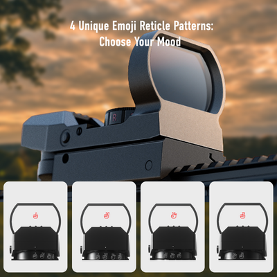 Red dot sight with emoji reticle patterns against a sunset background