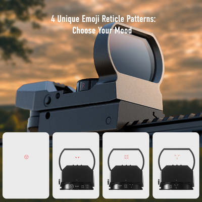 Red dot sight with emoji reticle patterns against a sunset background