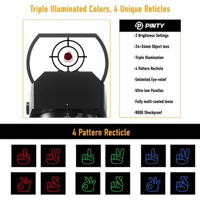 PINTY target with illuminated colors and reticles on a white background