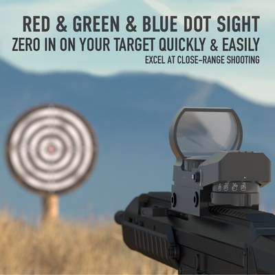 Red and green blue dot sight on a rifle with a target in the background