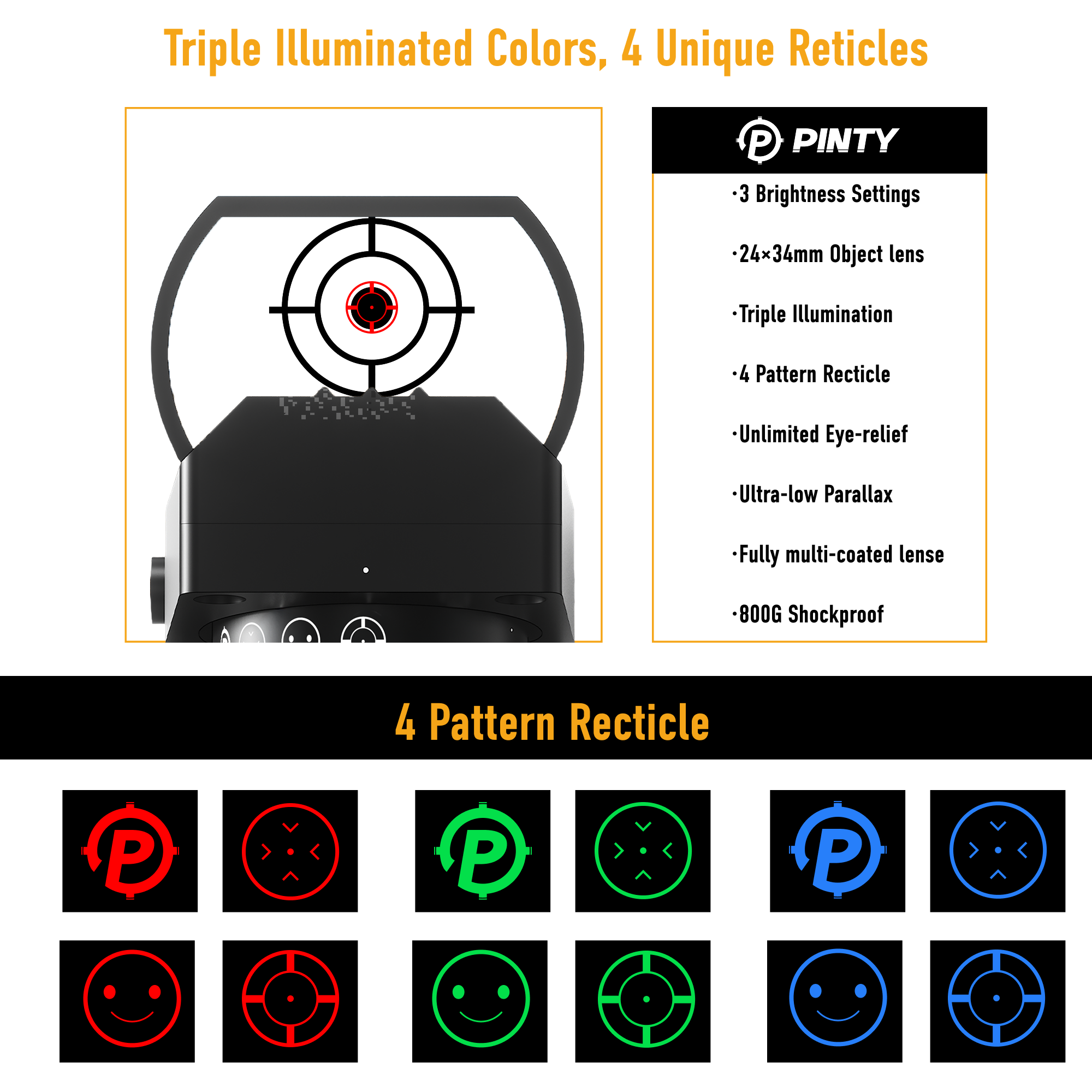 Pinty 4-in-1  Limited Edition Reticle Red/Green/Blue Dot Sight, 1X24X34 Reflex Sight with 21mm Rail