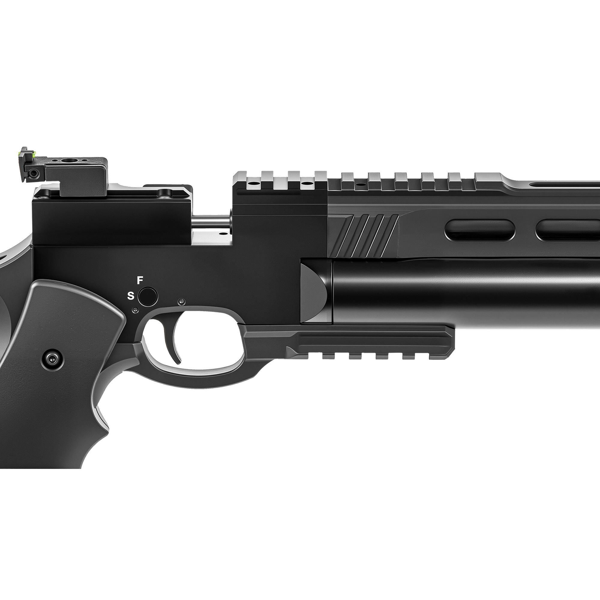 Close-up of a black firearm on a white background