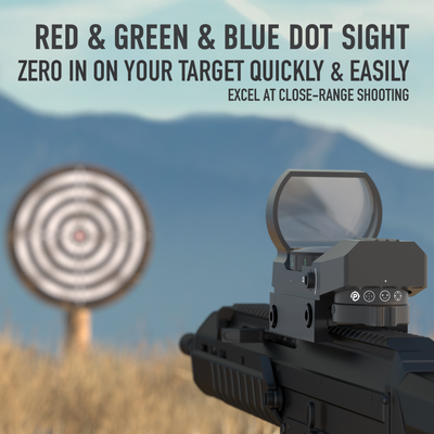 Red and green dot sight on a rifle with a target in the background