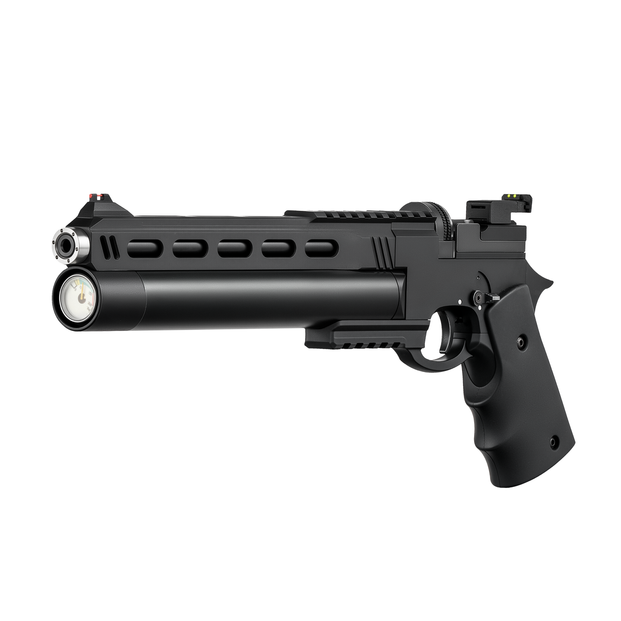 Black handgun with flashlight attachment on a white background