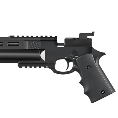 Black handgun on a white background