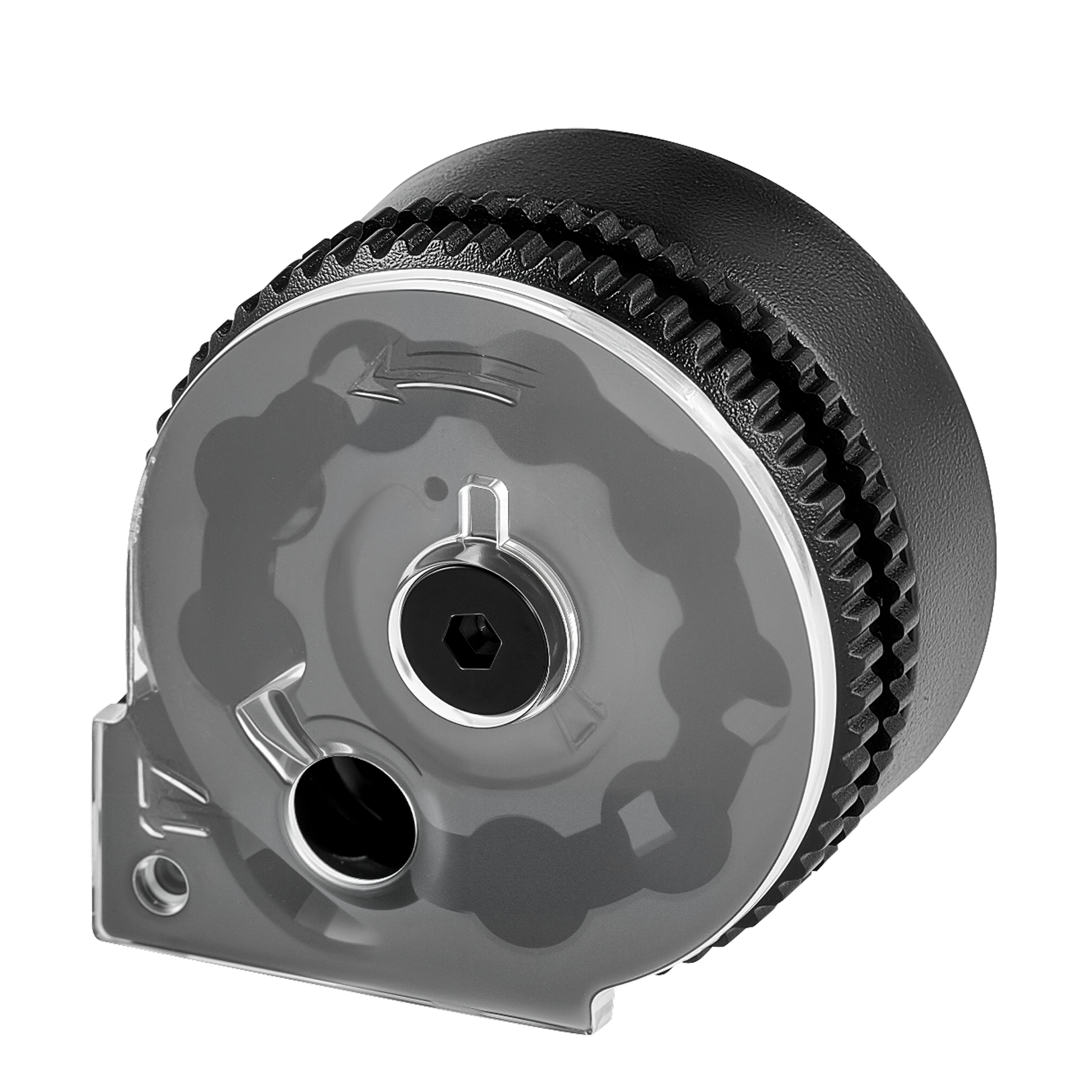 Close-up of a mechanical component with gears on a white background
