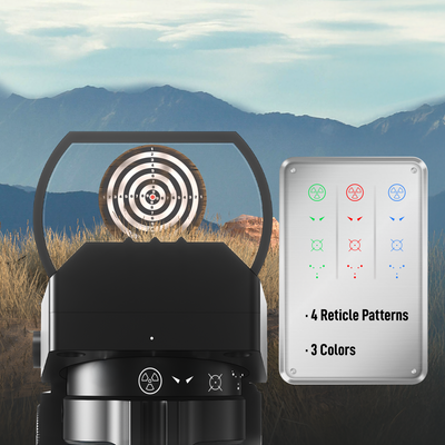 Black scope with target display and reticle pattern options against a mountainous landscape.