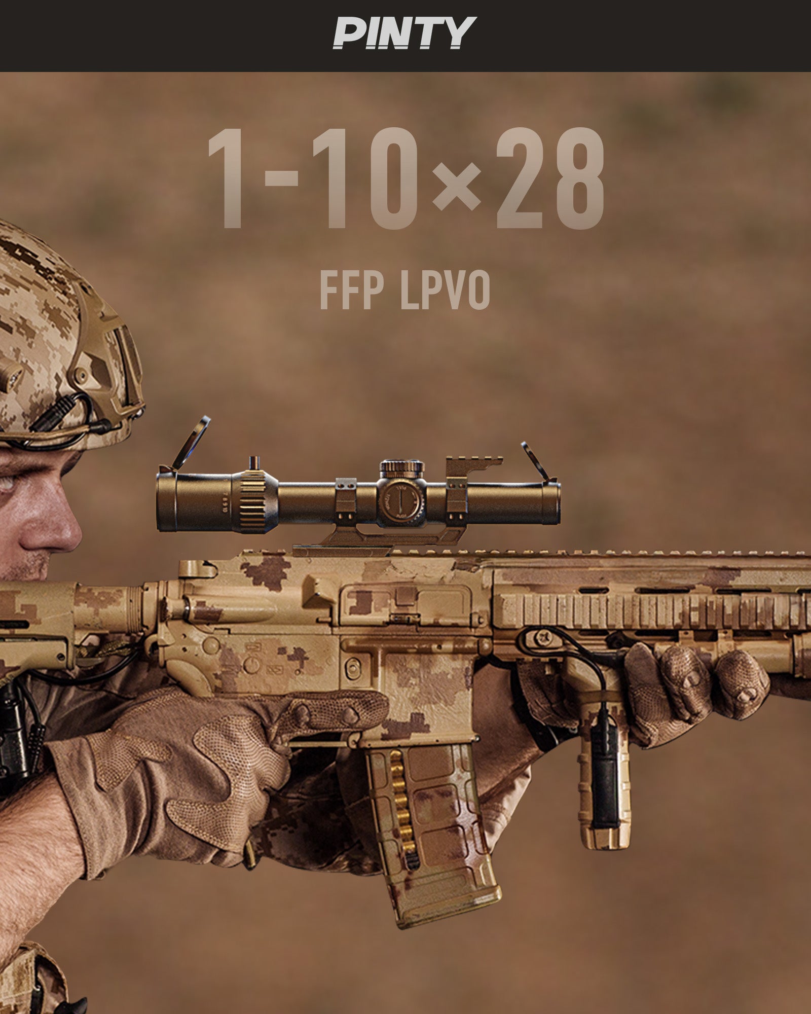 PINTY  1-10x28 FFP LPVO Rifle Scope with Red & Green Illuminated Reticle, Self-Locking Turrets & Cantilever Mount for Picatinny Rail