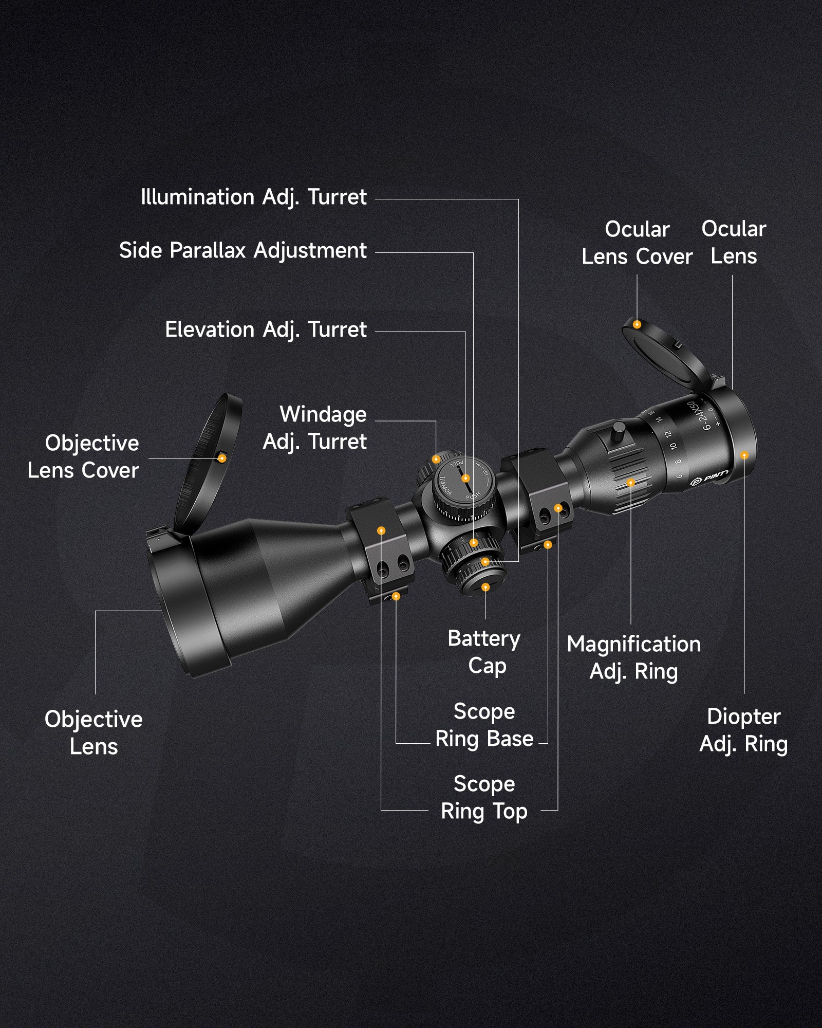 PINTY 6-24x50 FFP Tactical Hunting Scope Zero-Stop Scope Rings Red Green Reticle