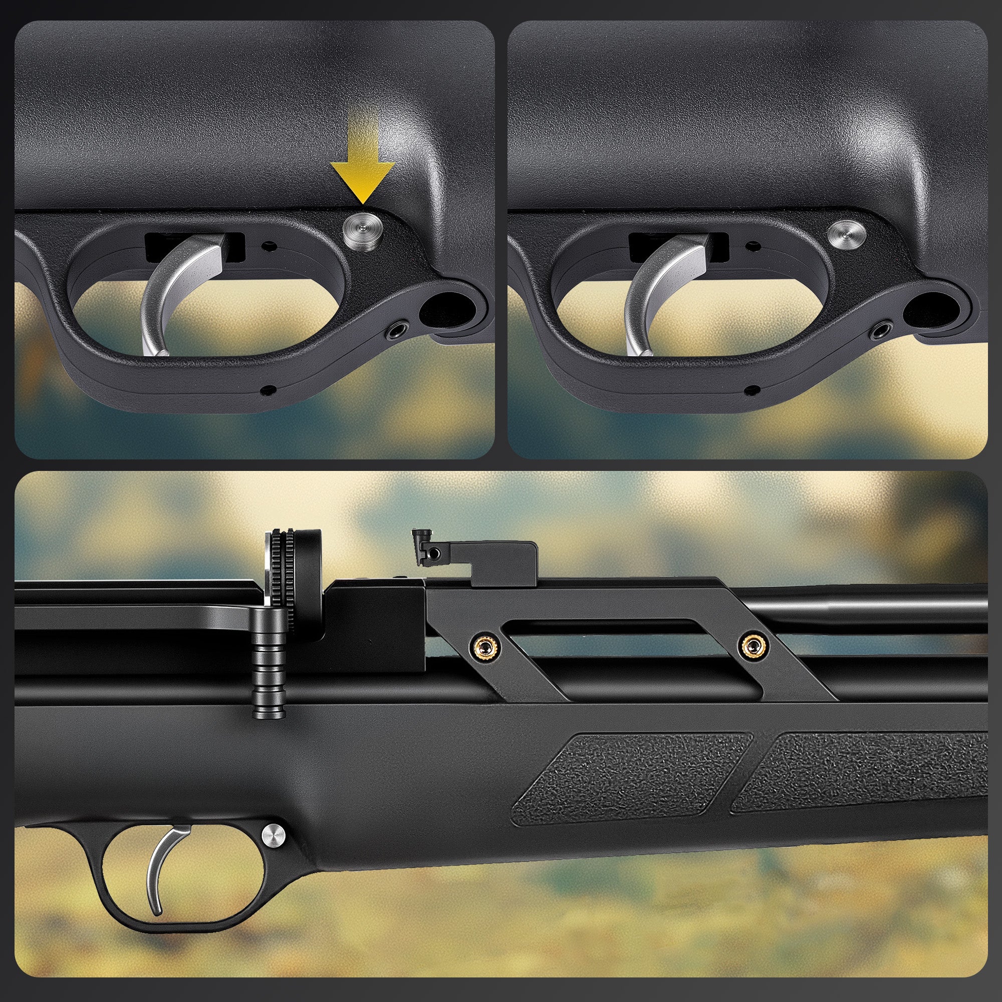 Close-up of a rifle stock and barrel with a blurred natural background