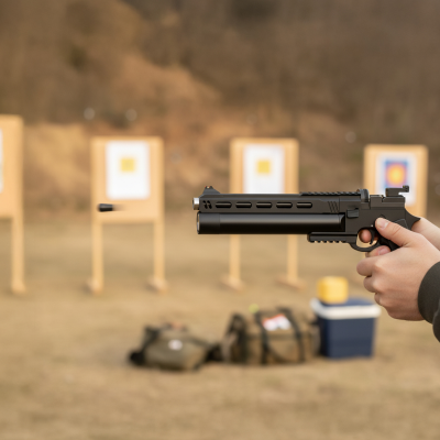 Hand holding a rifle at a shooting range with targets in the background