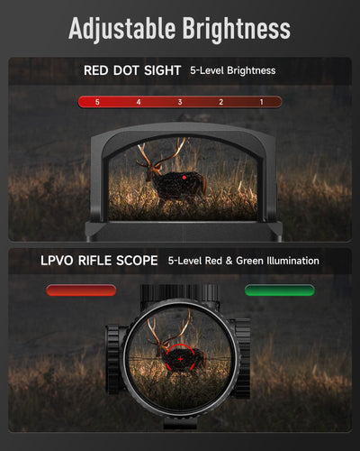 LPVO riflescope with 5-level red and green illumination and adjustable brightness red dot sight