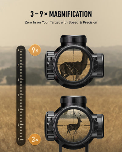 Two rifle scopes with magnification indicators on a natural background