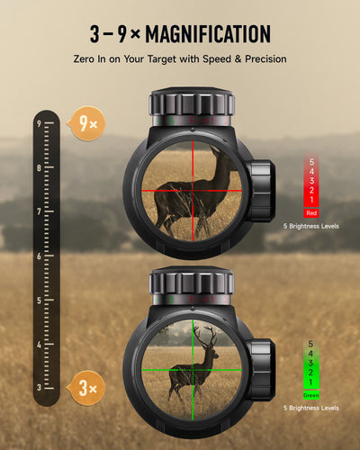 Two rifle scopes with magnification levels and deer targets on a beige background