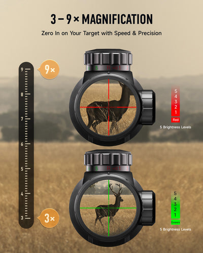 Two rifle scopes with magnification and brightness level indicators on a beige background.