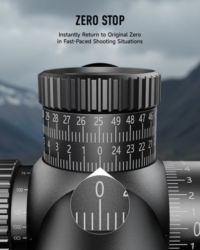 Close-up of a zero stop mechanism on a rifle scope with a blurred background