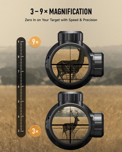 Two hunting scopes with magnification indicators and a deer silhouette on a field background.