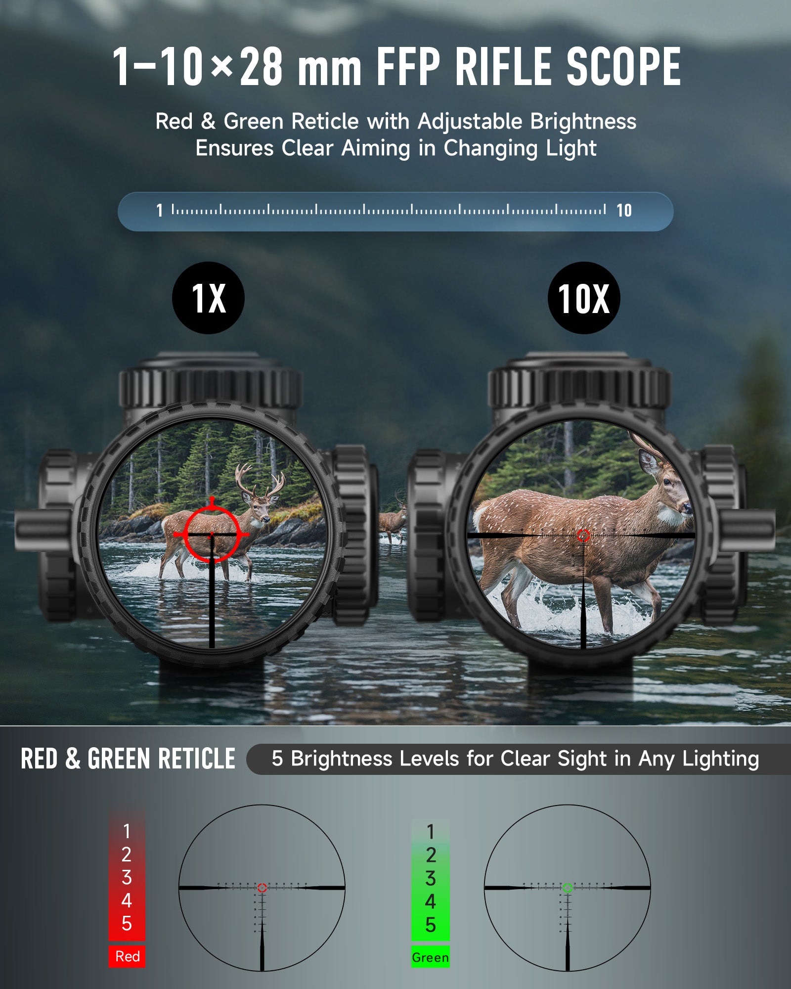 PINTY  1-10x28 FFP LPVO Rifle Scope with Red & Green Illuminated Reticle, Self-Locking Turrets & Cantilever Mount for Picatinny Rail