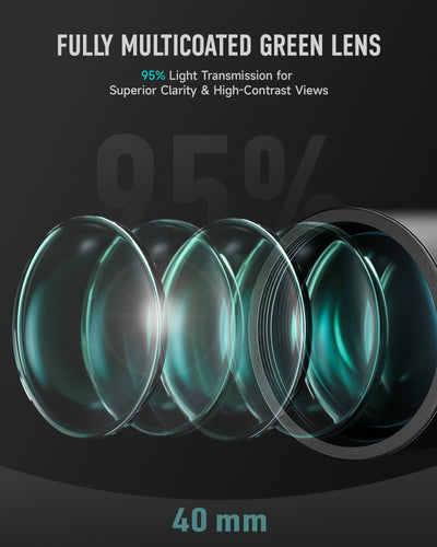 Fully multicoated green lens with 95% light transmission on a dark background