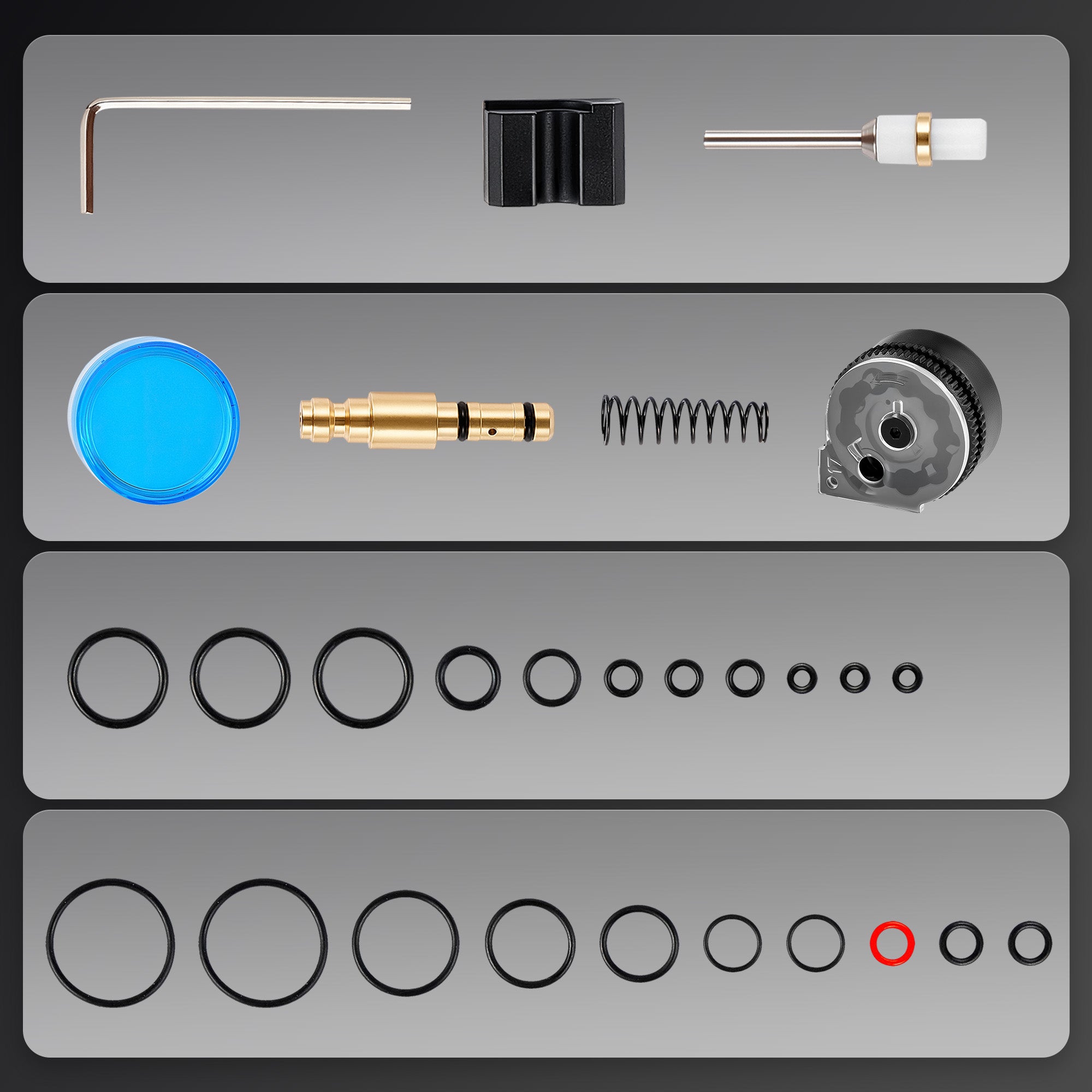Collection of mechanical parts on a gray background