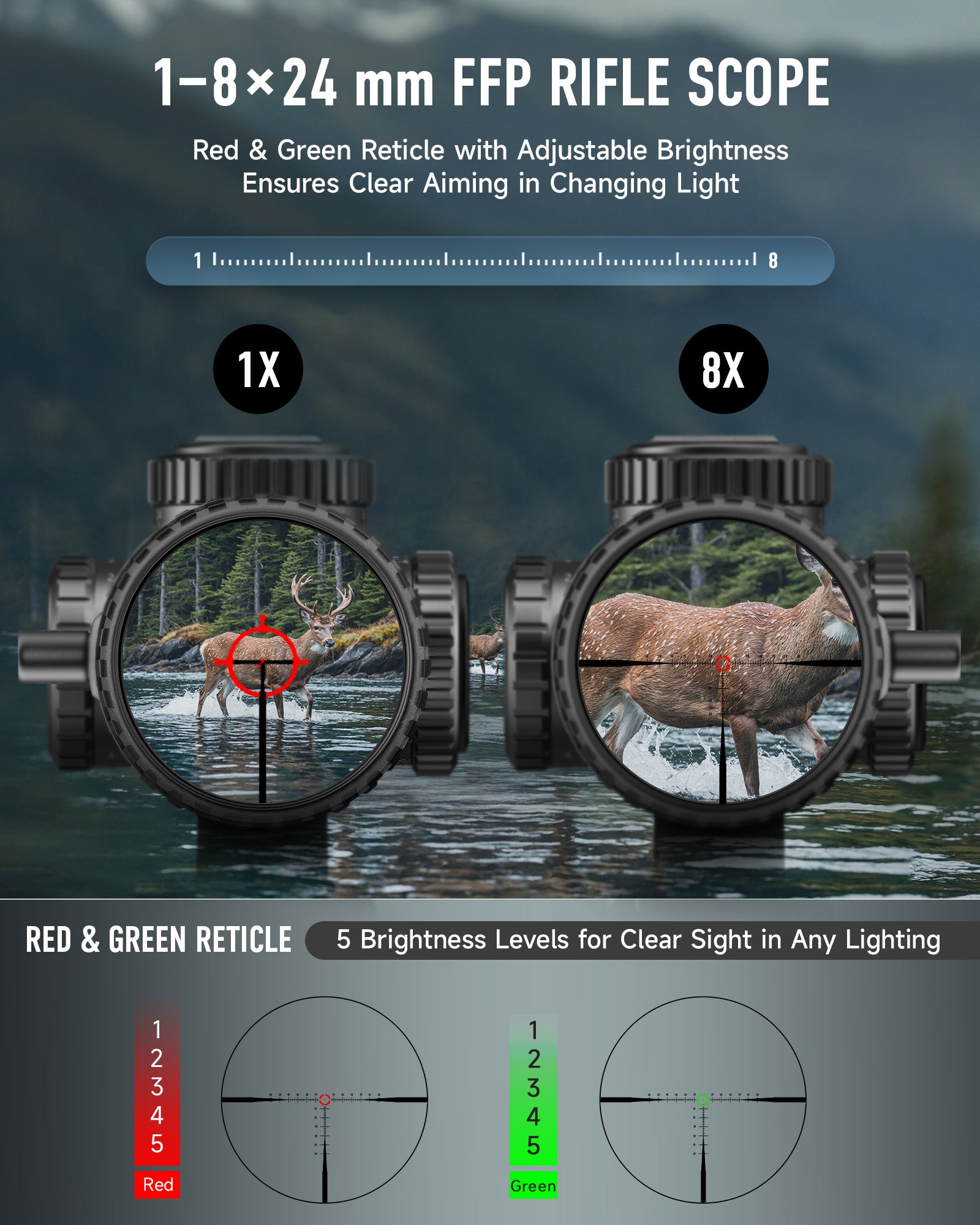 PINTY  1-8x24 FFP LPVO Rifle Scope with Red & Green Illuminated Reticle, Self-Locking Turrets & Cantilever Mount for Picatinny Rail