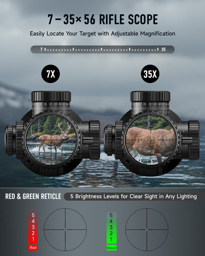 7-35x56 rifle scope with adjustable magnification and red & green reticle on a nature-themed background.