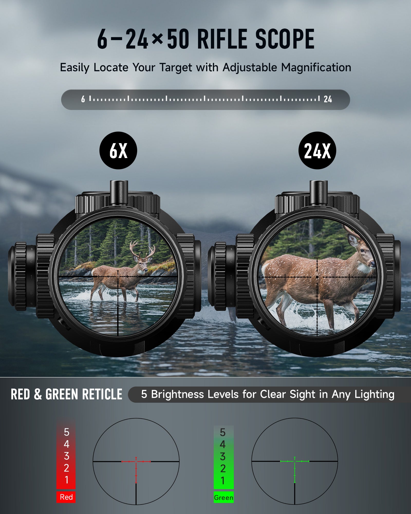 PINTY 6-24x50 FFP Tactical Hunting Scope Zero-Stop Scope Rings Red Green Reticle