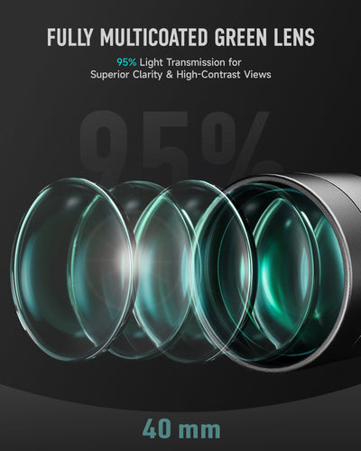 Fully multicoated green lens with 95% light transmission on a dark background