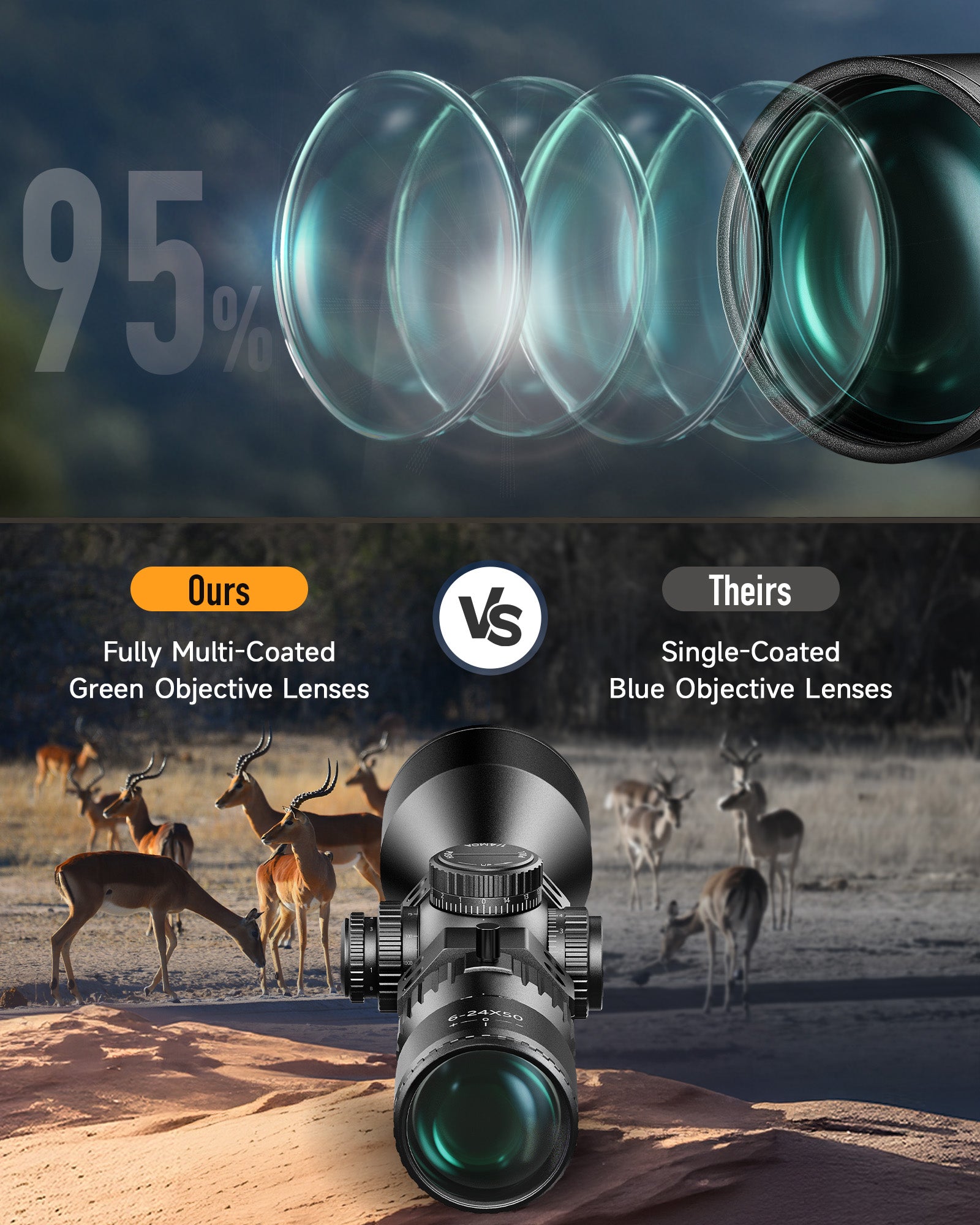 PINTY 6-24x50 FFP Tactical Hunting Scope Zero-Stop Scope Rings Red Green Reticle