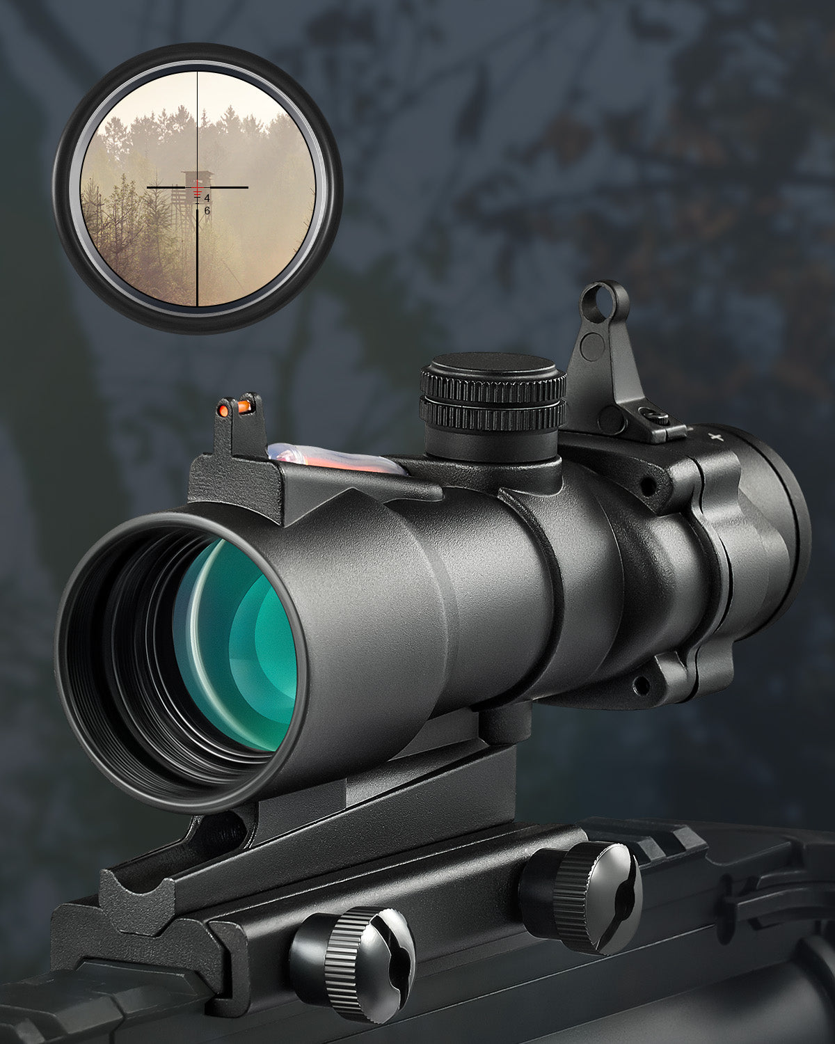4x32 Prism Scope, Compact Tactical Rifle Scope with Fiber Reticle Sight, Iron Sights, Multicoated Lenses, Fits 20 mm Picatinny