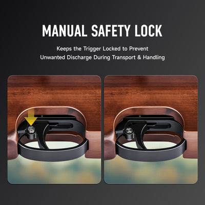 Manual safety lock mechanism on a firearm with text explaining its function.