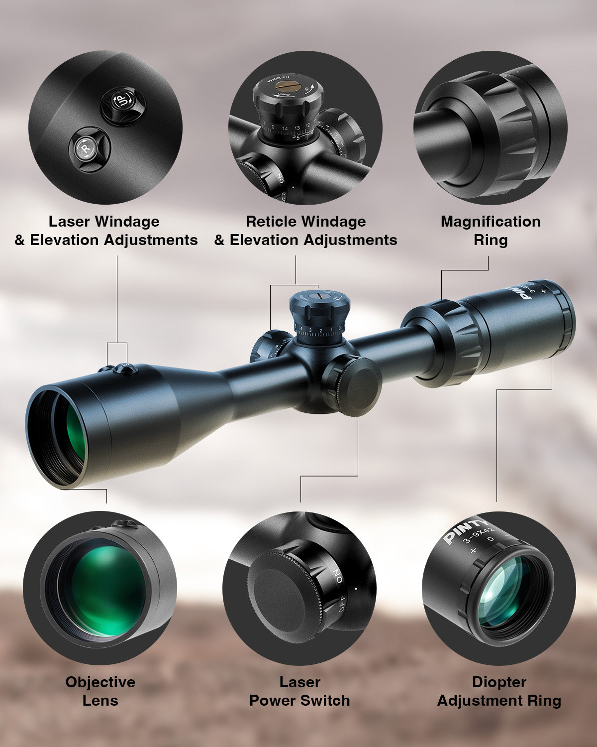 3-9x42 Mil Dot Tactical Hunting Rifle Scope with Laser and Reticle Adjustment & Multicoated Green Lens
