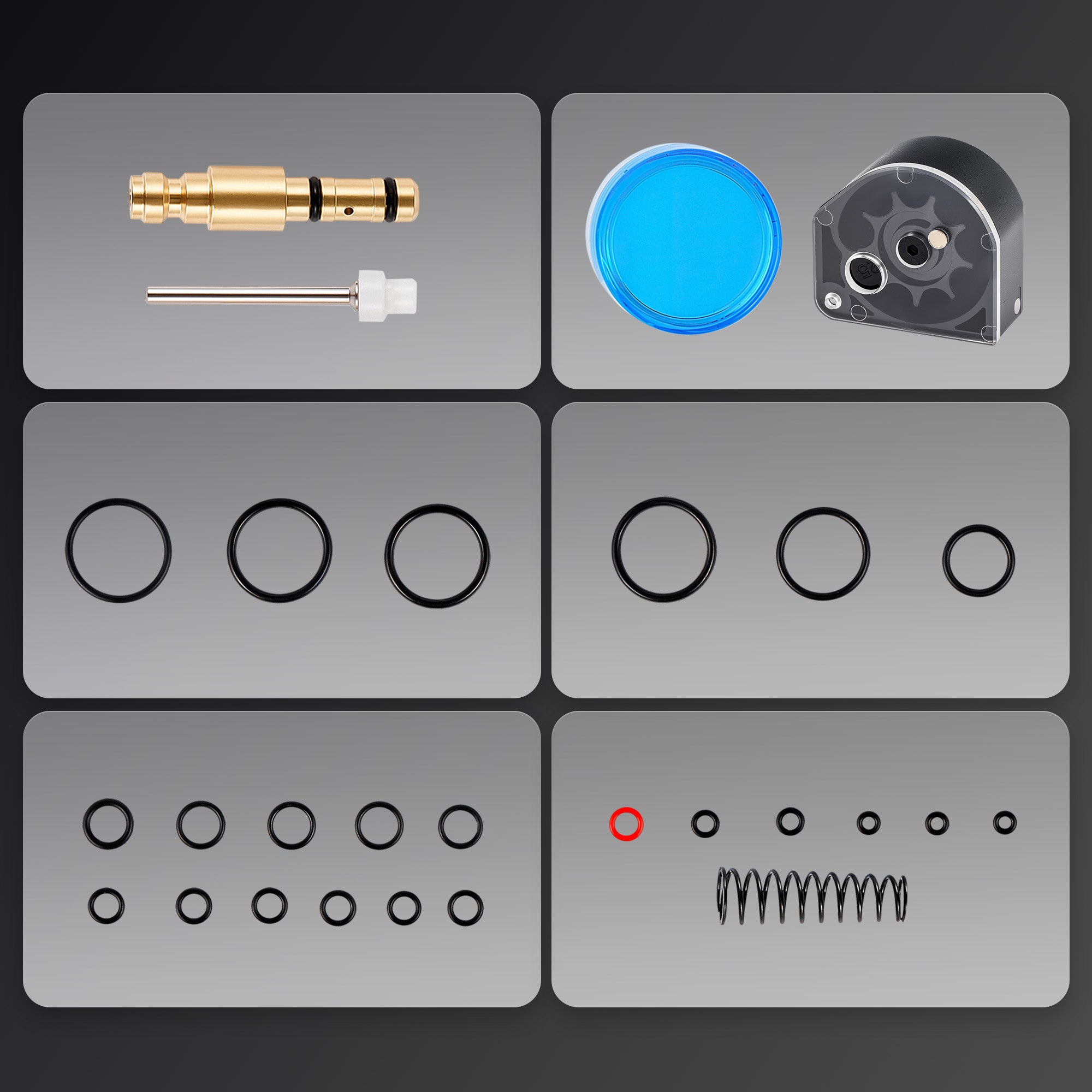 Collection of various nozzles and components on a gray background