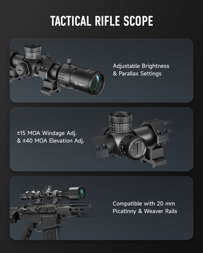 Tactical rifle scope with adjustable brightness, parallax settings, and compatibility details on a dark background.