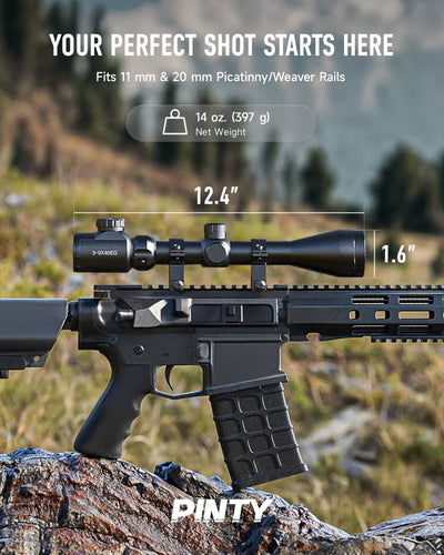 Rifle scope with measurement details on a natural background, featuring the brand 'PINTY'.