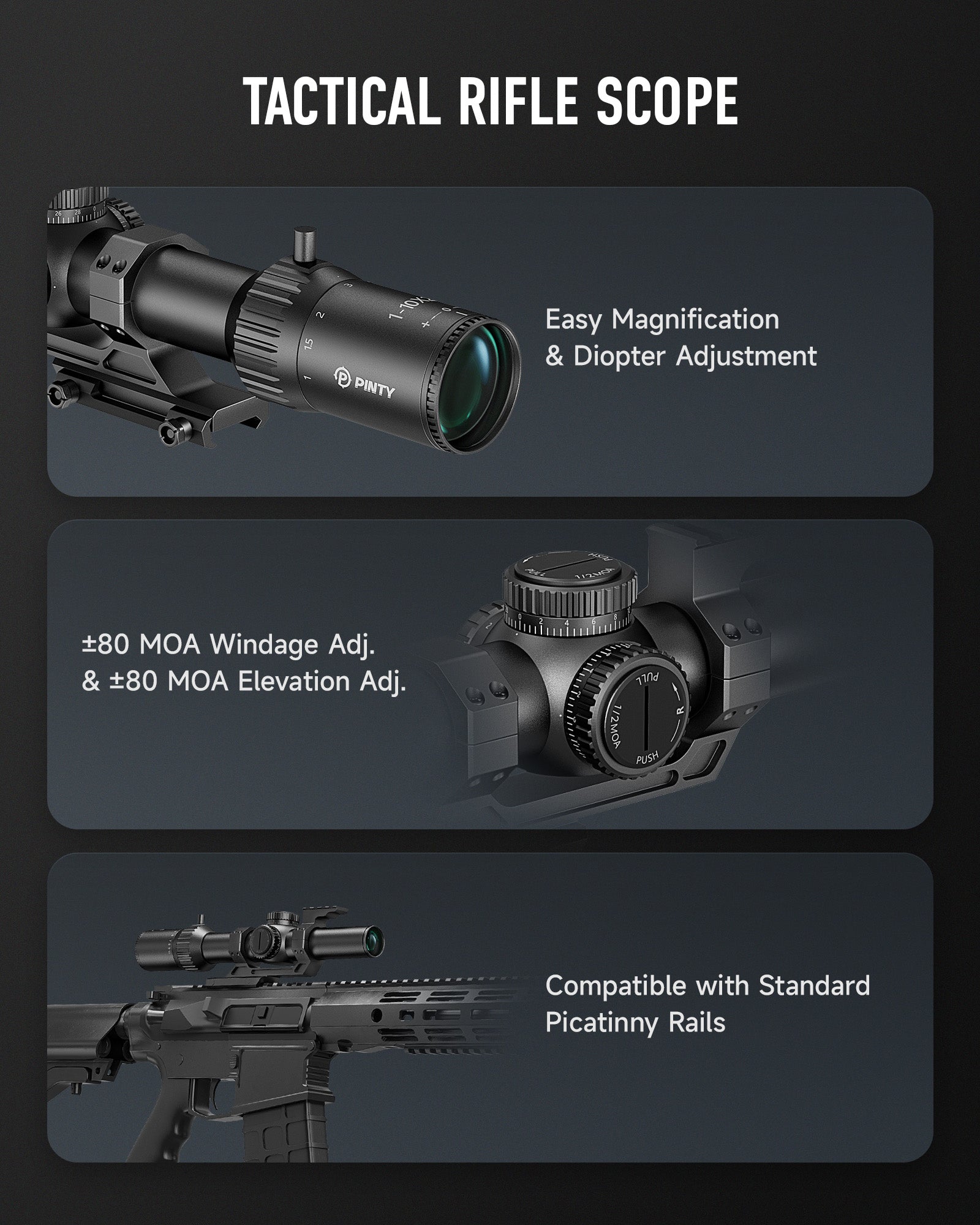PINTY  1-10x28 FFP LPVO Rifle Scope with Red & Green Illuminated Reticle, Self-Locking Turrets & Cantilever Mount for Picatinny Rail