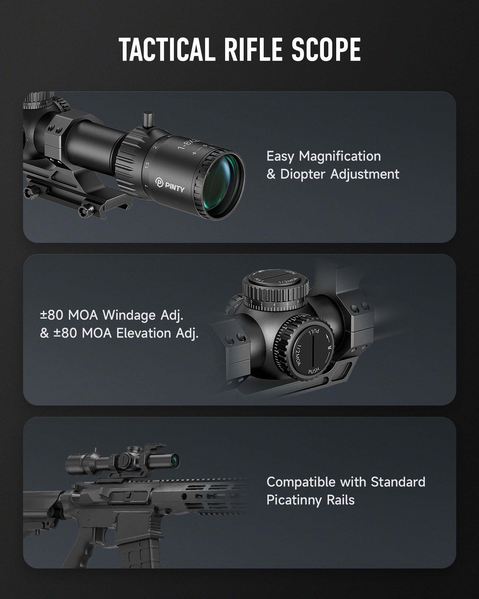 PINTY  1-8x24 FFP LPVO Rifle Scope with Red & Green Illuminated Reticle, Self-Locking Turrets & Cantilever Mount for Picatinny Rail