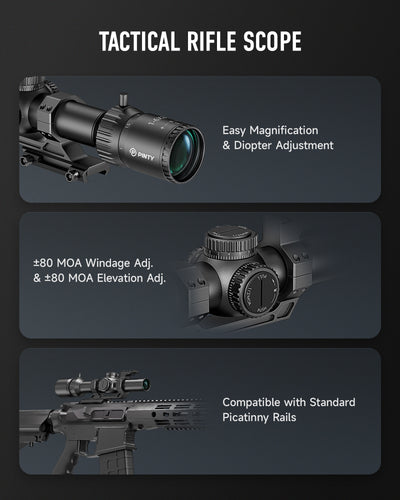 Tactical rifle scope with features highlighted on a dark background