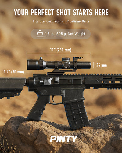Black rifle scope with measurement details on a rock against a desert background, featuring the brand 'Pinty'.