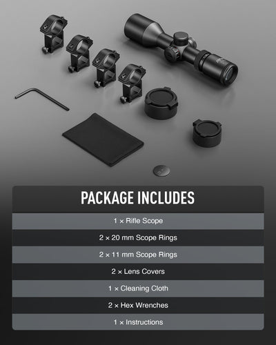 Set of rifle scope accessories on a gray background with package contents listed.