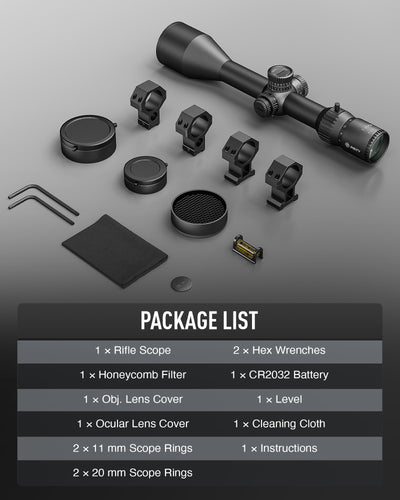 Rifle scope and accessories on a gray background with package list.