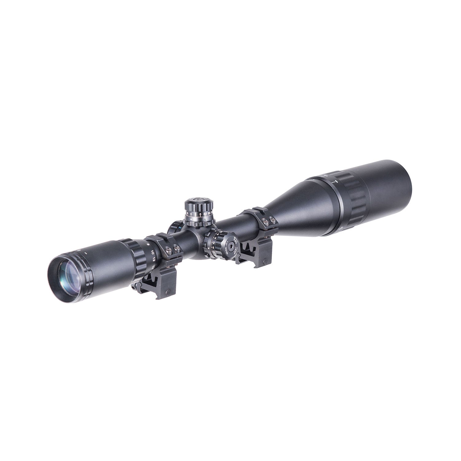 6-24x50 AO illuminated mil dot riflescope with sunshade tube, flip-up cap and ring mount high-profile picatinny rings