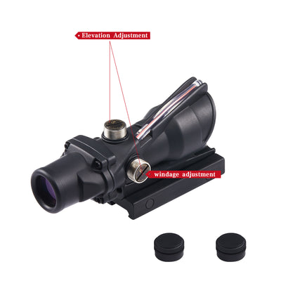 Tactical scope with elevation and windage adjustment labels on a white background