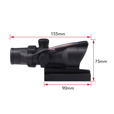 Black rifle scope with measurements on a white background
