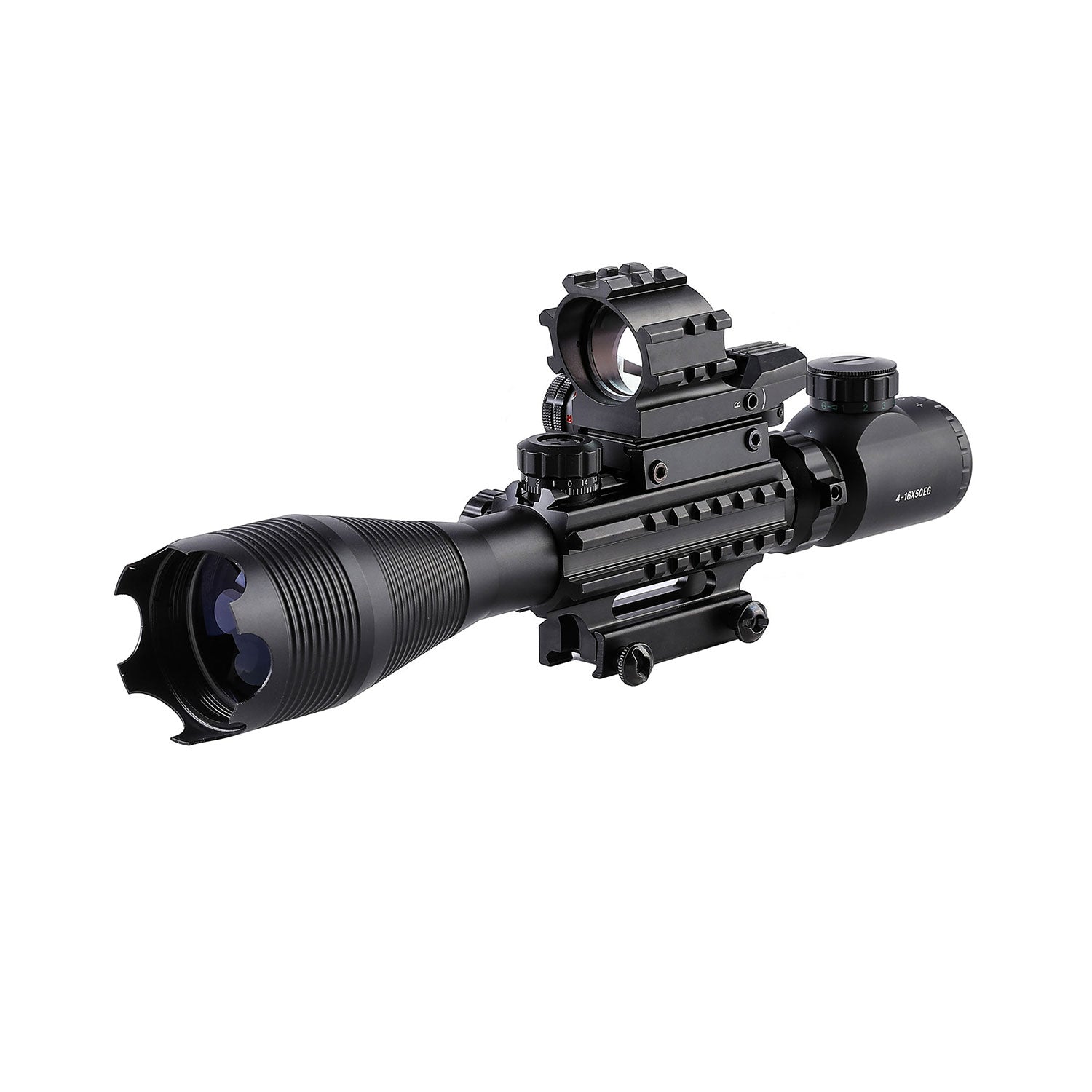 4-in-1 4-16x50 EG Riflescope Kit, Dot Laser, Reflex Sight, Green Laser, Offset Rail Mount