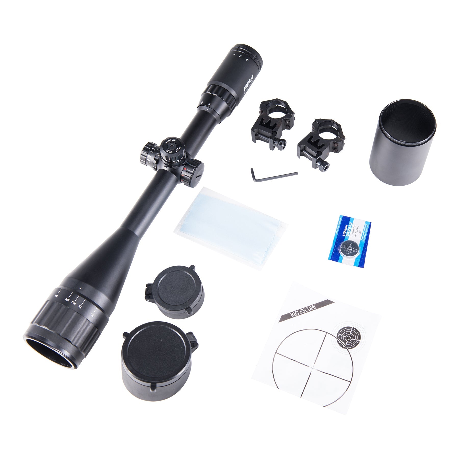 【BUY 1 GET 1 FREE BORESIGHT GIFT】6-24x50 AO Illuminated Mil-dot Rifle Scope with Sunshade Tube, Flip-up Cap and Ring Mount High-profile Picatinny Rings