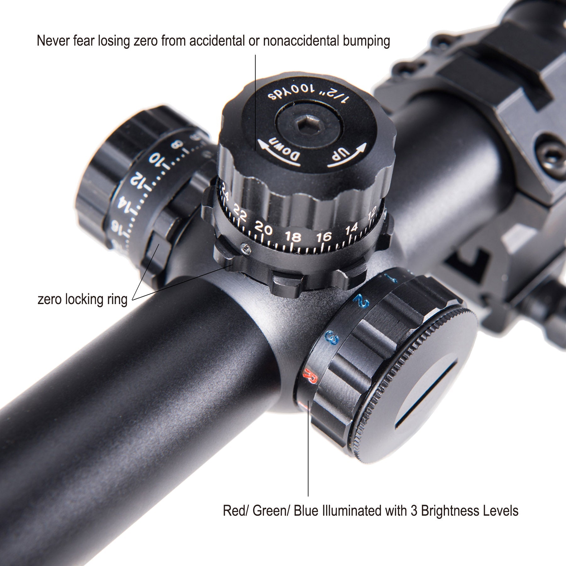 【BUY 1 GET 1 FREE Gift】6-24x50 AO illuminated mil dot riflescope with sunshade tube, flip-up cap and ring mount high-profile picatinny rings