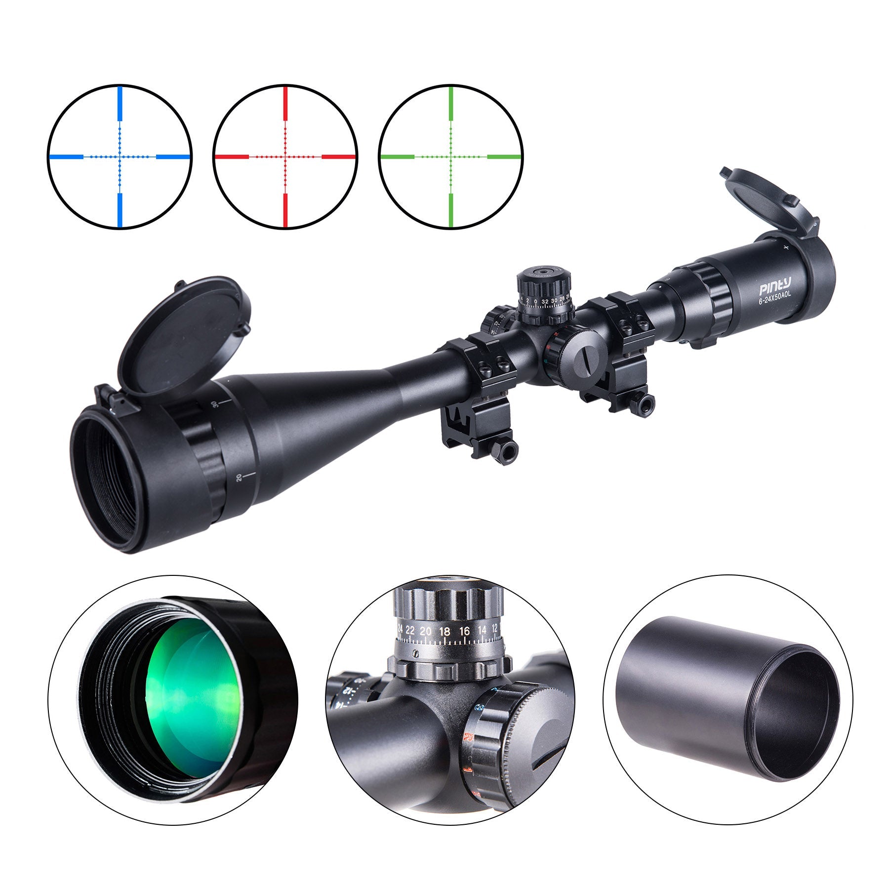 【BUY 1 GET 1 FREE Gift】6-24x50 AO illuminated mil dot riflescope with sunshade tube, flip-up cap and ring mount high-profile picatinny rings