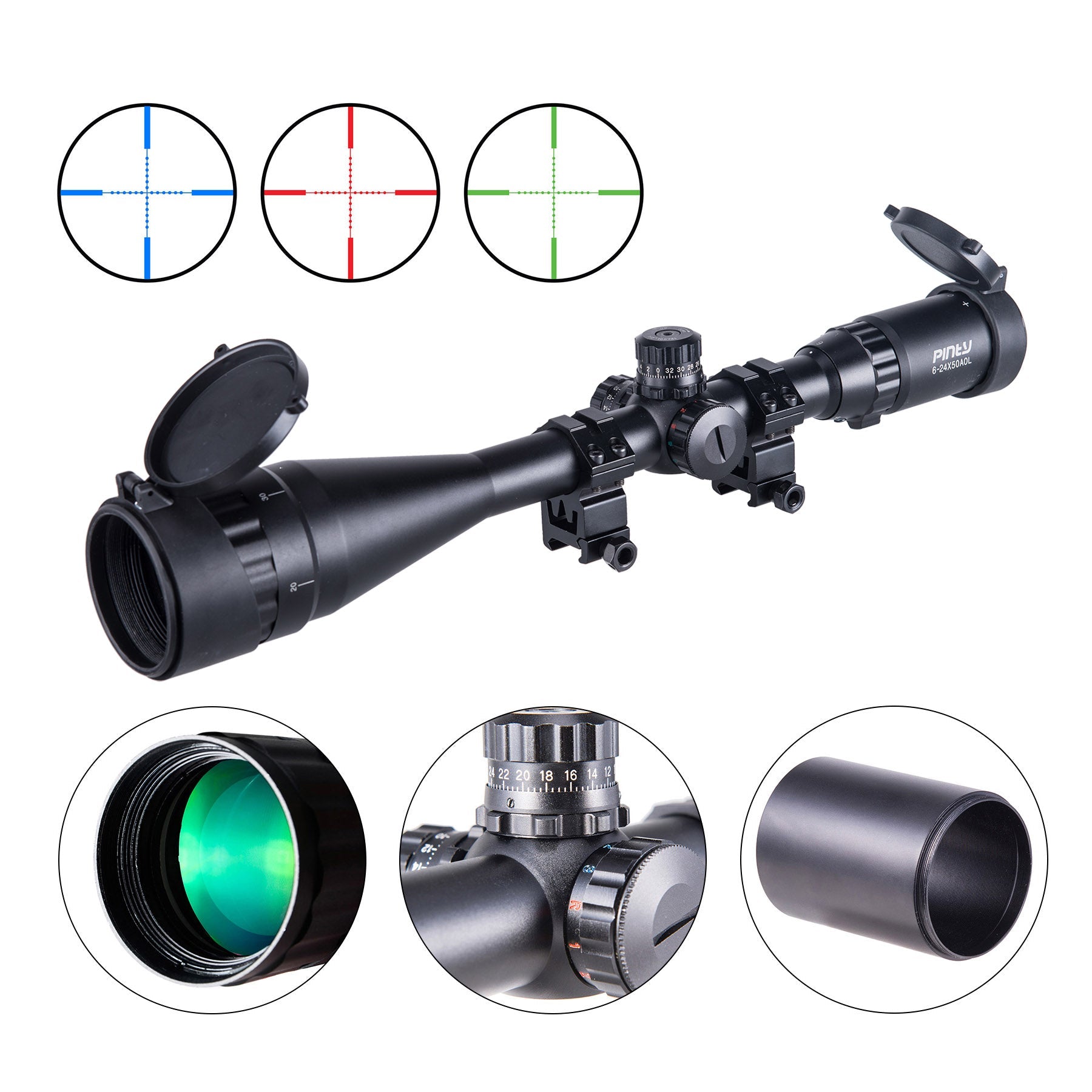 【BUY 1 GET 1 FREE BORESIGHT GIFT】6-24x50 AO Illuminated Mil-dot Rifle Scope with Sunshade Tube, Flip-up Cap and Ring Mount High-profile Picatinny Rings