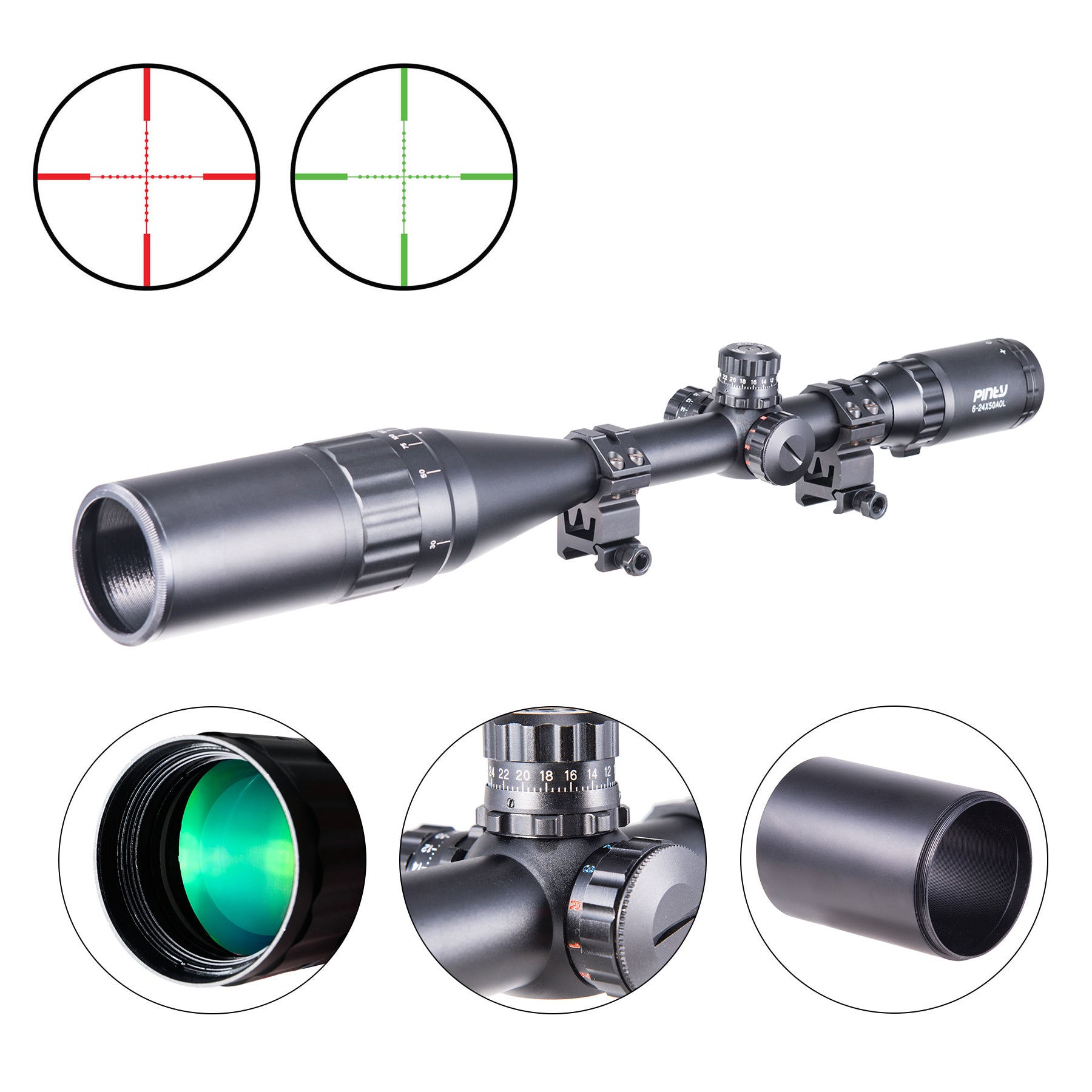 【BUY 1 GET 2 FREE】6-24x50 AO illuminated mil dot riflescope with sunshade tube, flip-up cap and ring mount high-profile picatinny rings